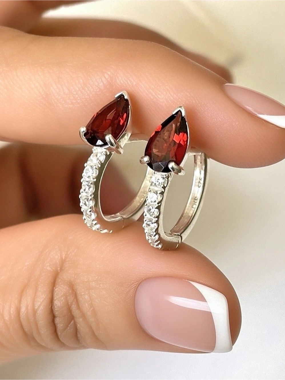 Natural Garnet & White Topaz Hoop Earrings in 925 Sterling Silver 14mm